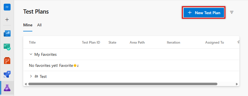 Skärmbild av hur du skapar en ny testplan.