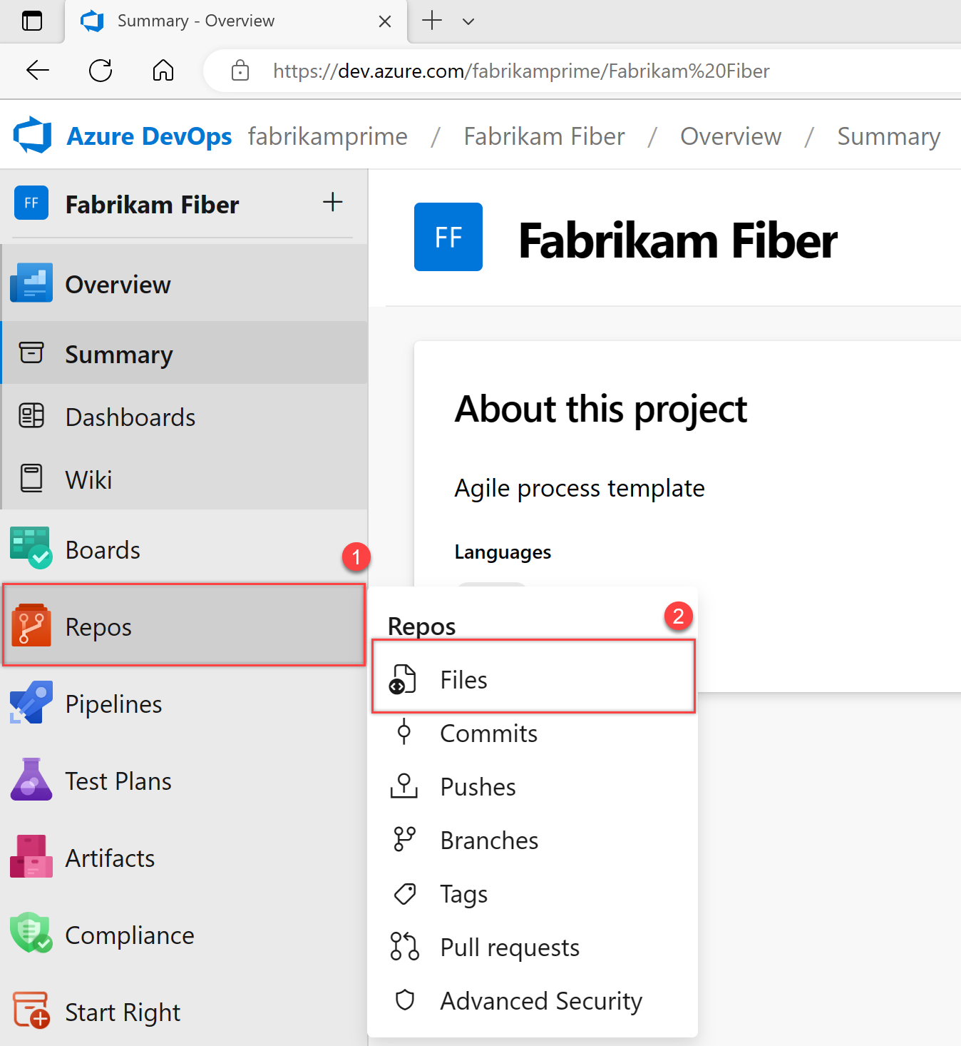 Skärmbild av projektet med lagringsplatser och filer markerade.