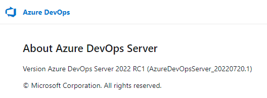 Skärmbild av sidan Om för Azure DevOps Server lokalt som visar den plattform som används och plattformsversionsnumret.