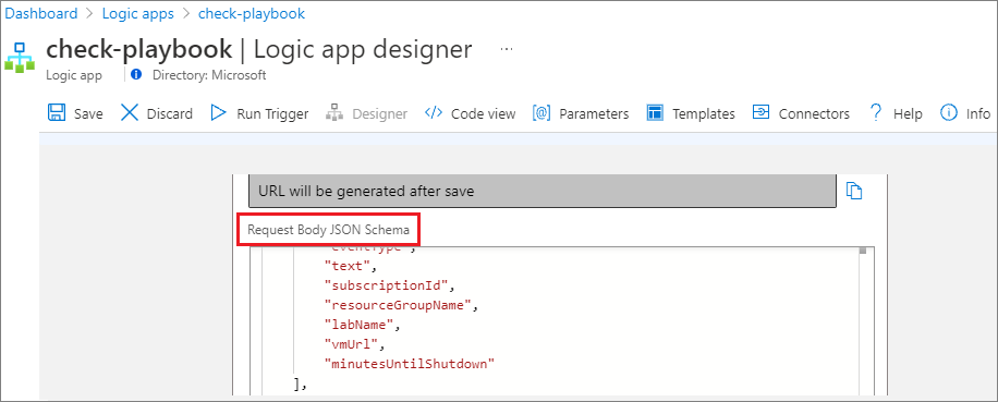 Skärmbild som visar JSON-schema för begärandetext i designern.