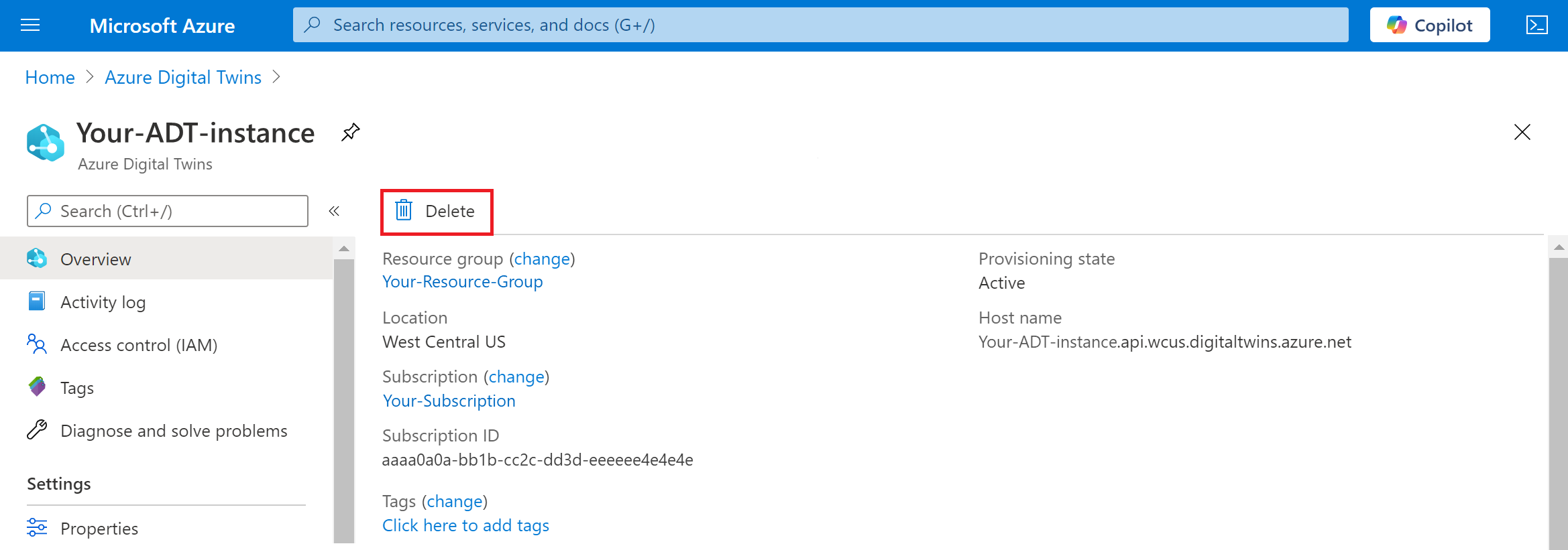 Skärmbild av instansinformationen för Azure Digital Twins i Azure Portal på fliken Översikt. Knappen Ta bort är markerad.