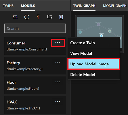 Skärmbild av panelen Modeller för Azure Digital Twins Explorer. Menypunkterna för en enskild modell är markerade och menyalternativet ladda upp modellbild är också markerat.