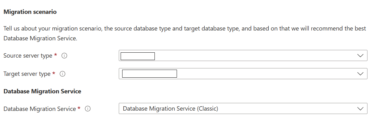 Skärmbild av scenariot Välj databasmigreringstjänst (klassisk).
