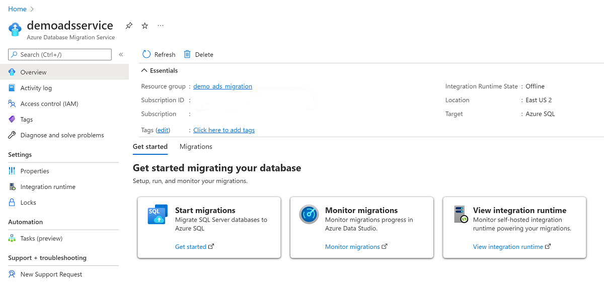 Skärmbild som visar hur du övervakar migreringar i Azure-portalen.