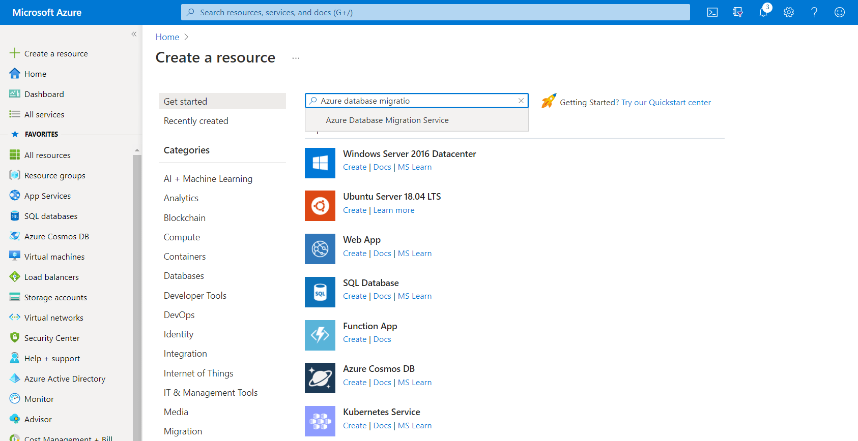 Skärmbild av en Search Azure Database Migration Service.