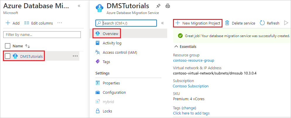 Skärmbild av en sökning i Azure Database Migration Service-instansen.