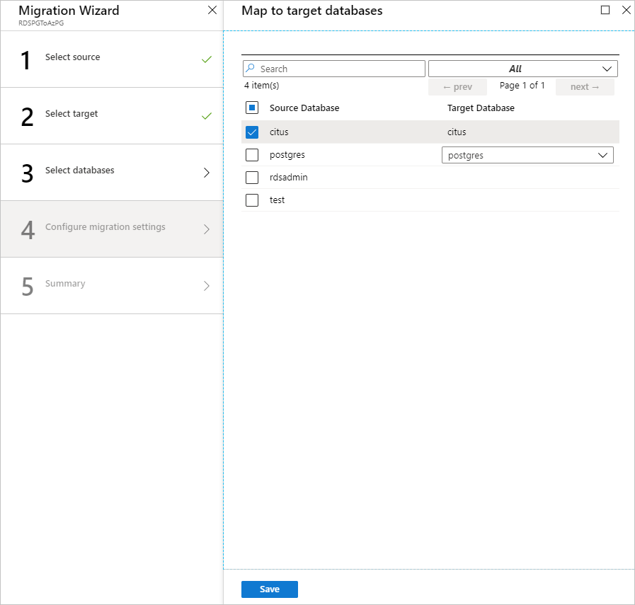 Skärmbild av Mappa till måldatabaser.