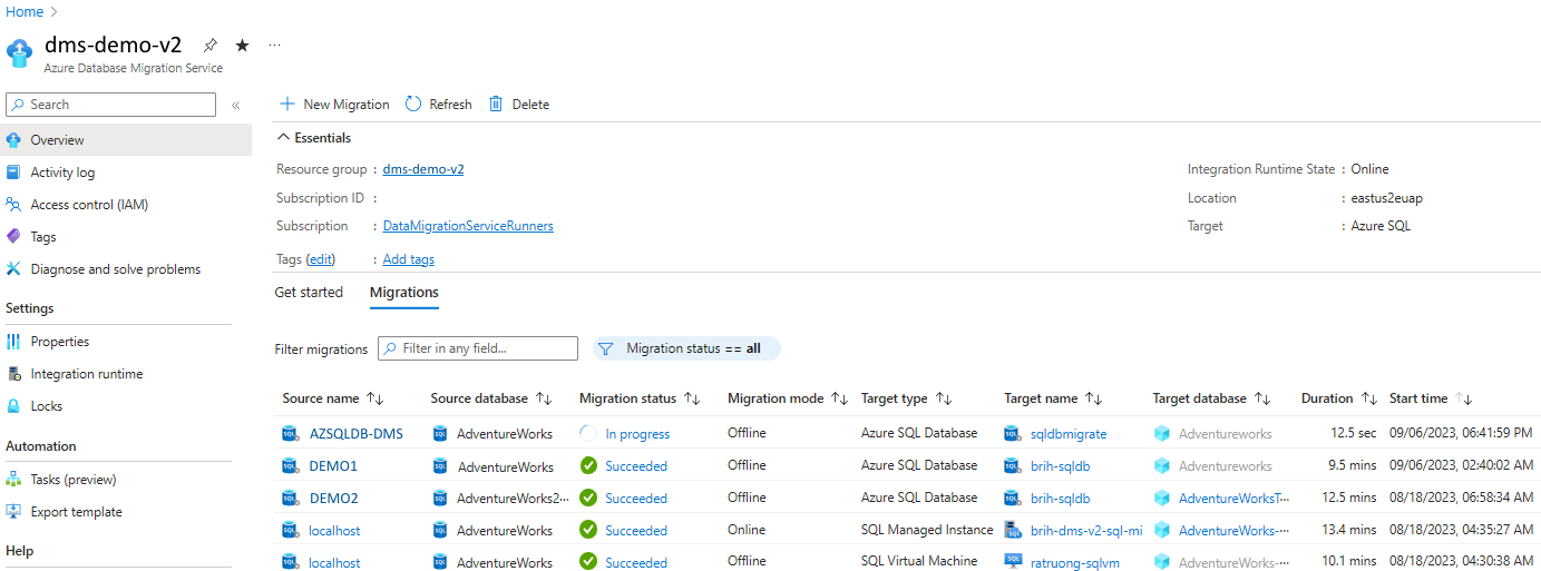 Screenshot that shows database migration details.