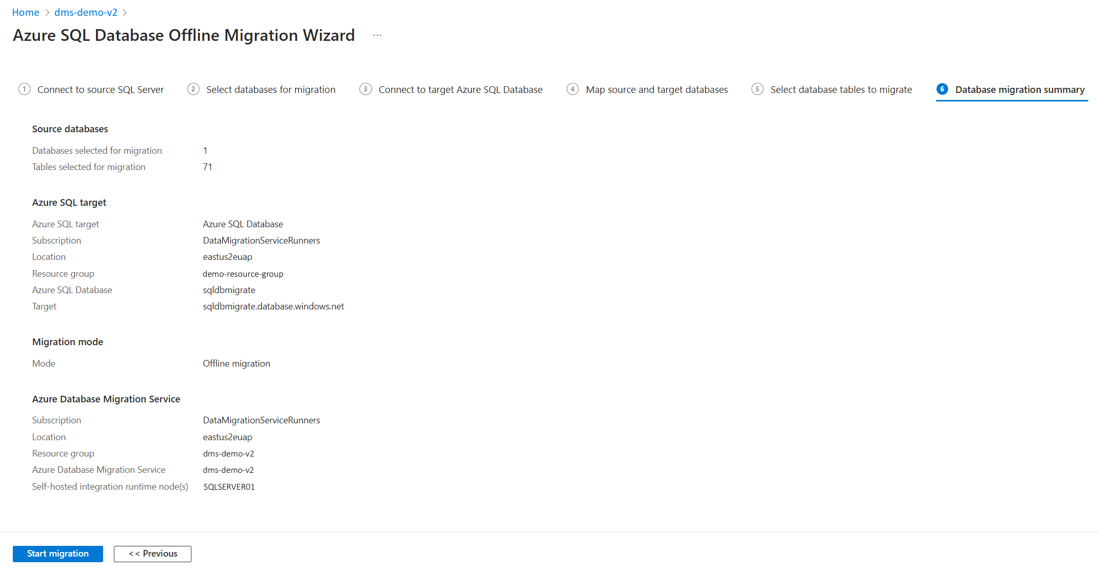 Screenshot that shows summary of the migration configuration.