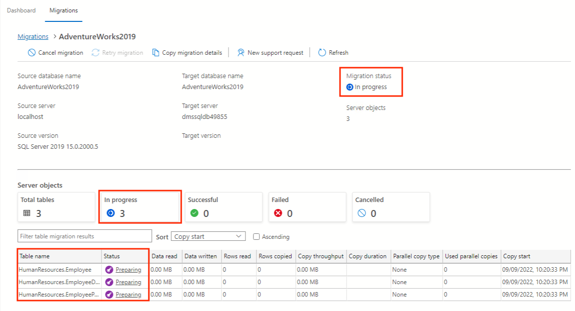 Screenshot that shows monitoring table migration.