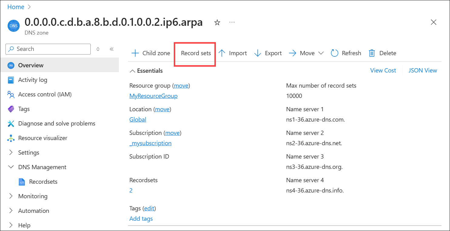 En skärmbild av hur du lägger till en omvänd DNS-post för IPv6 i en DNS-zon.