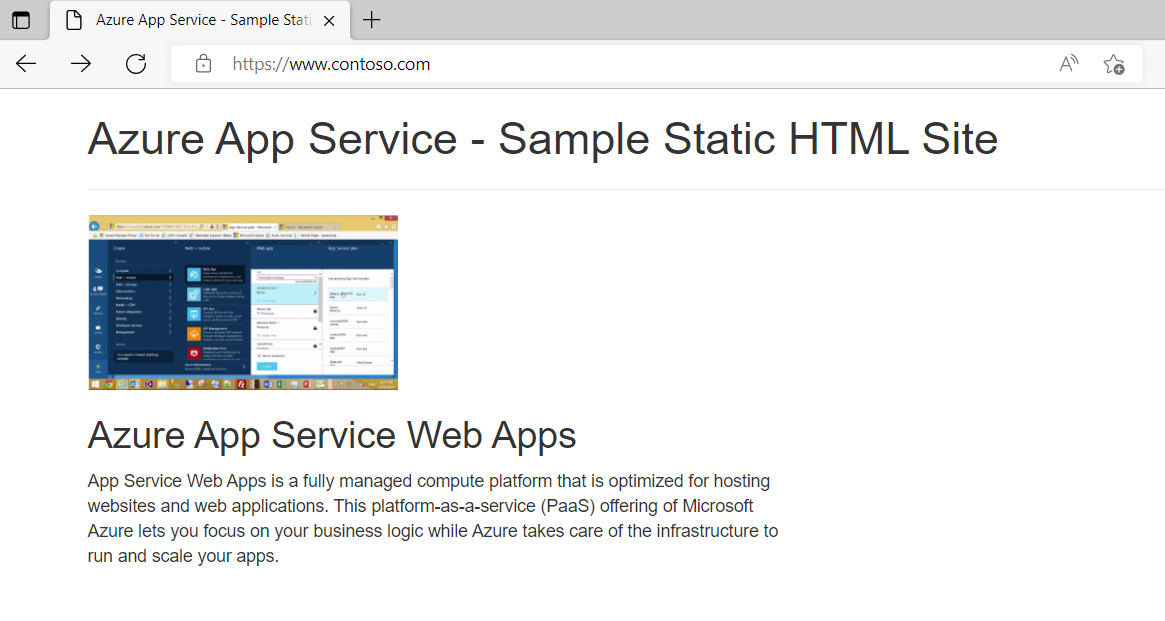 Skärmbild av contoso Azure App Service-webbappen som nås via webbläsare.