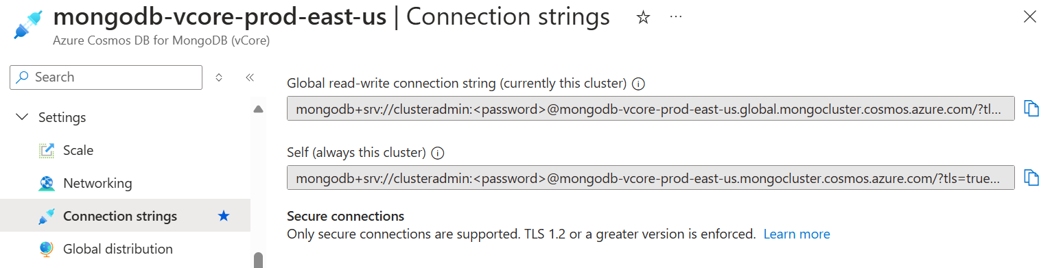 Skärmbild av klusteranslutningssträngar i Azure DocumentDB, inklusive global anslutningssträng för läsning och självanslutning.