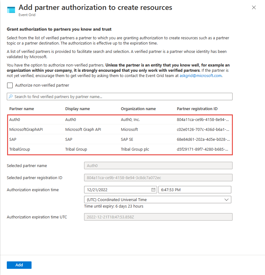 Screenshot showing the page that allows you to grant a verified partner the authorization to create resources in your resource group.