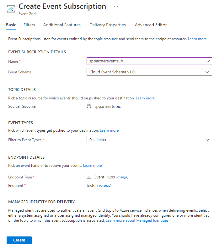 Screenshot showing the Create Event Subscription page with example configurations.