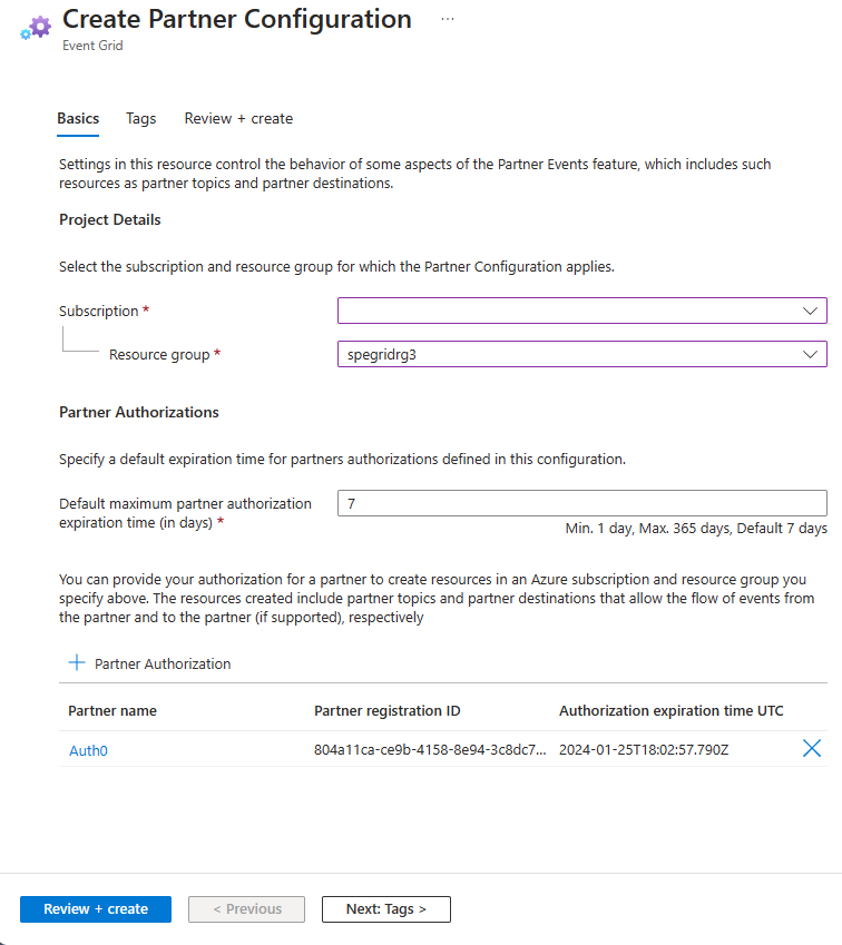 Screenshot showing the Create Partner Configuration page with the partner authorization you just added.