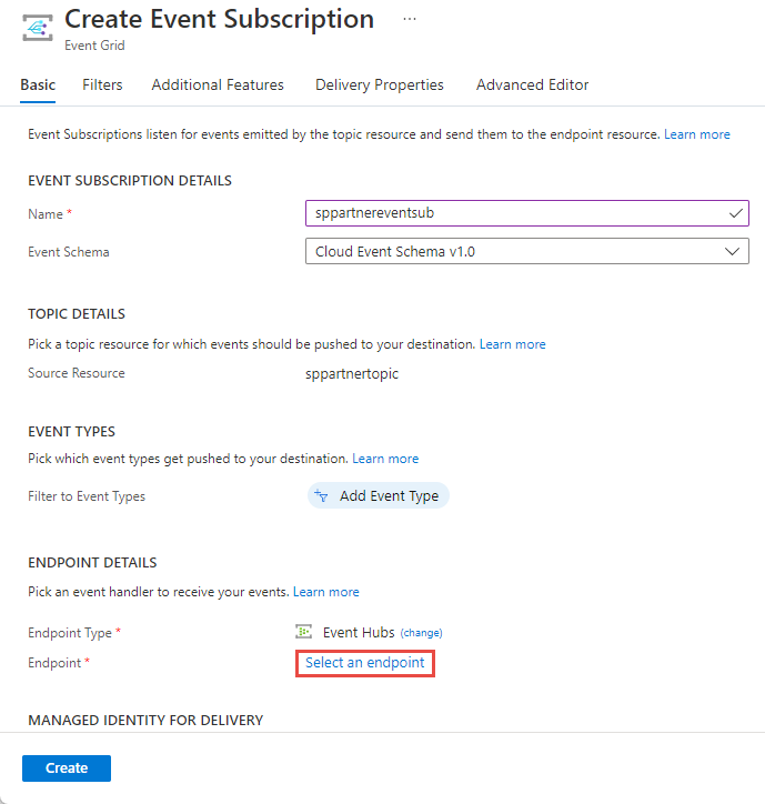 Screenshot showing the configuration of an endpoint for an event subscription.