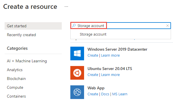 Screenshot showing the search for Storage account on the Create a resource page.
