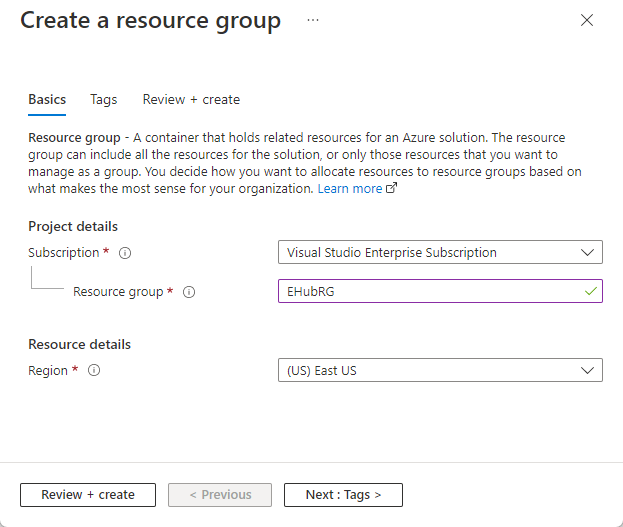 Skärmbild som visar sidan Skapa en resursgrupp.