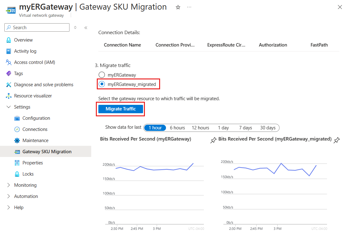 Skärmbild av migrering av trafik för migrering av en virtuell nätverksgateway.