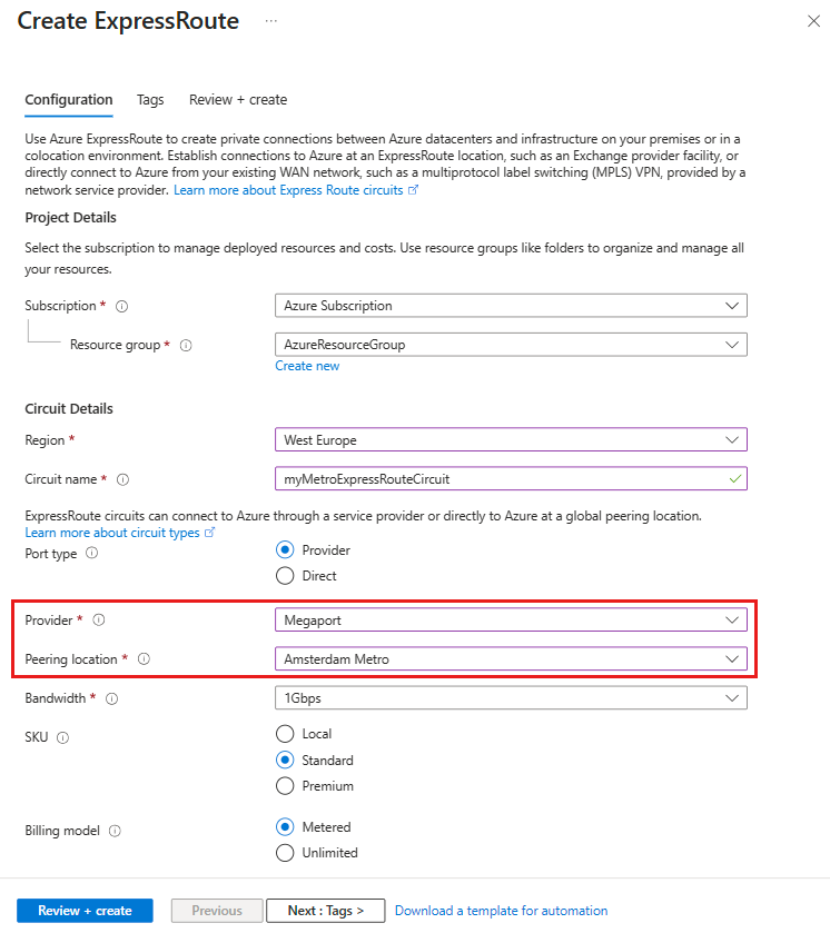 Skärmbild av hur du skapar en ExpressRoute Metro-krets.