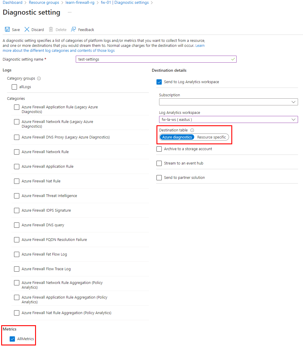 Skärmbild av diagnostikinställningen för Azure Firewall.