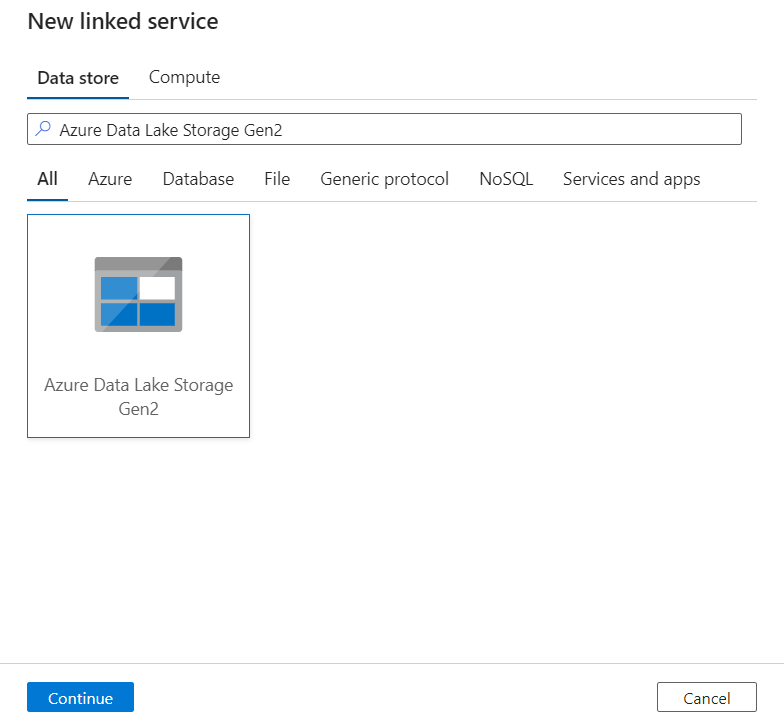 Skärmbild som visar fönstret Ny länkad tjänst med panelen Azure Data Lake Storage Gen2 vald.