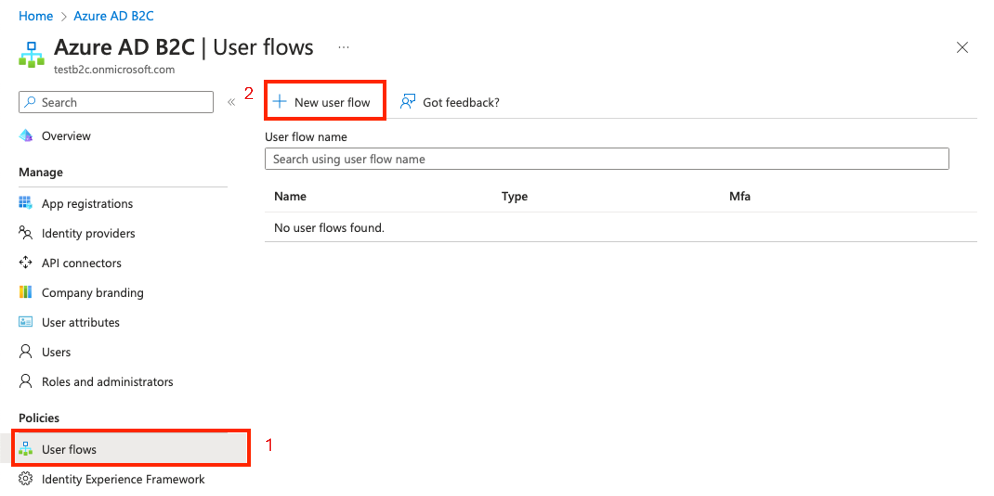 Screenshot showing B2C user flow.