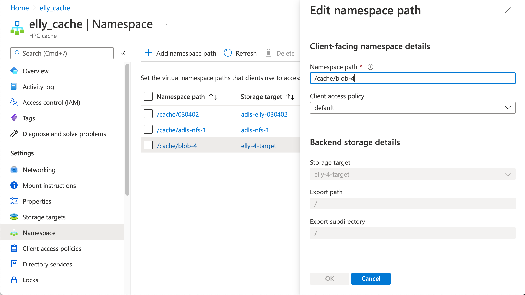 Screenshot of the namespace page after clicking on a Blob namespace path - the edit fields appear on a pane to the right.