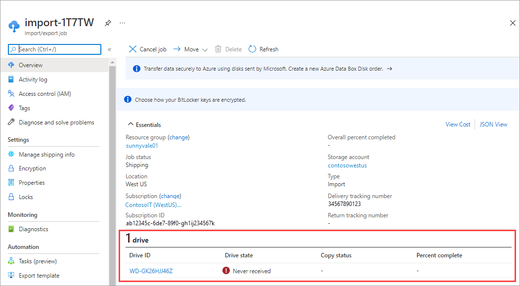 Skärmbild som visar enhetstillstånd för en Azure Import Export-beställning i Azure-portalen. Enhets-ID, Enhetstillstånd, Kopieringsstatus och Procent färdigt för enheten är markerade.