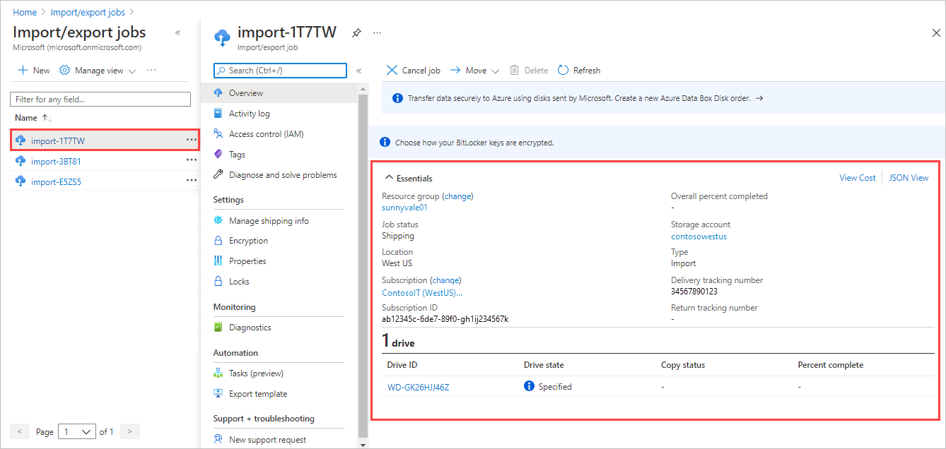 Skärmbild av översikten för ett Azure Import Export-jobb i Azure-portalen. Det valda jobbet och jobbinformationen är markerade.