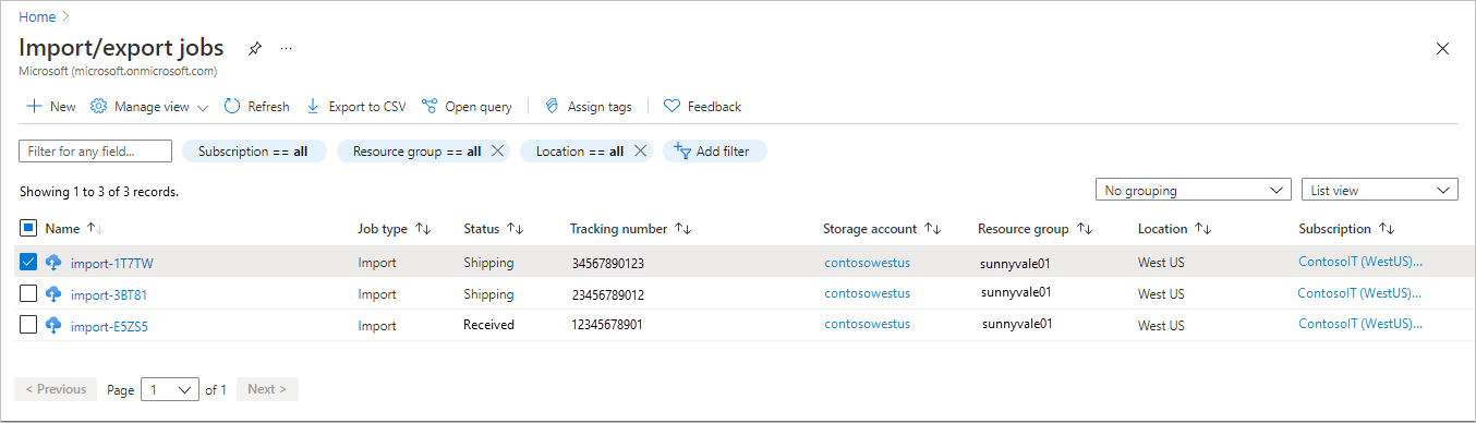 Skärmbild av Azure Import Export-resurser i Azure-portalen.