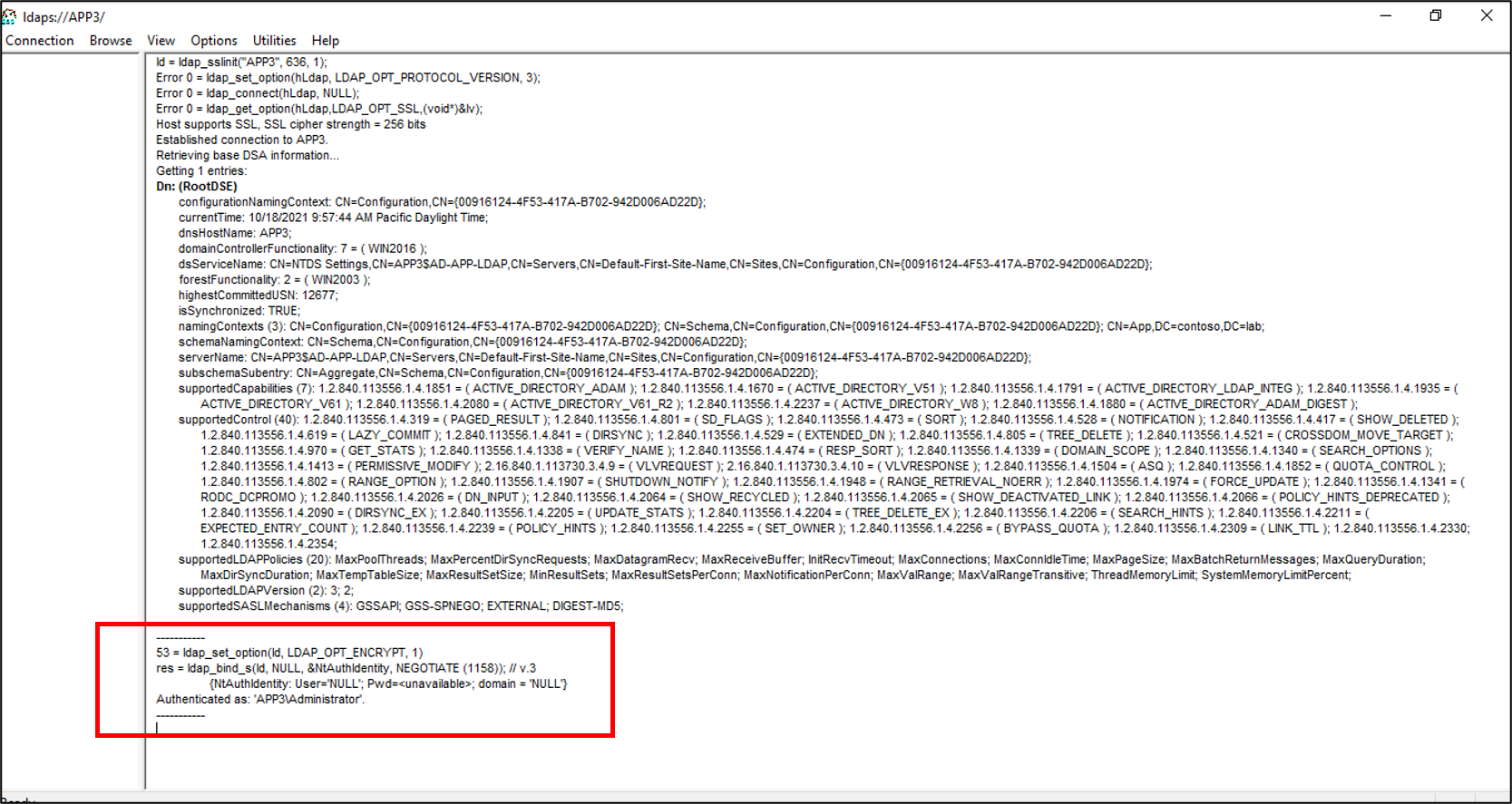 Screenshot that shows the Ldp tool bind success.