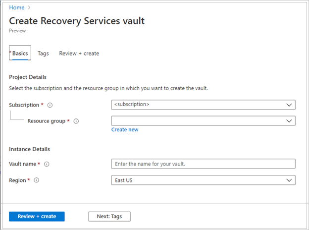 Skärmbild som visar fält för att konfigurera ett Recovery Services-valv.