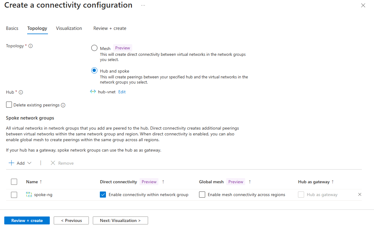 Skärmbild av Skapa en anslutningskonfiguration för hubb och eker med direktanslutning.