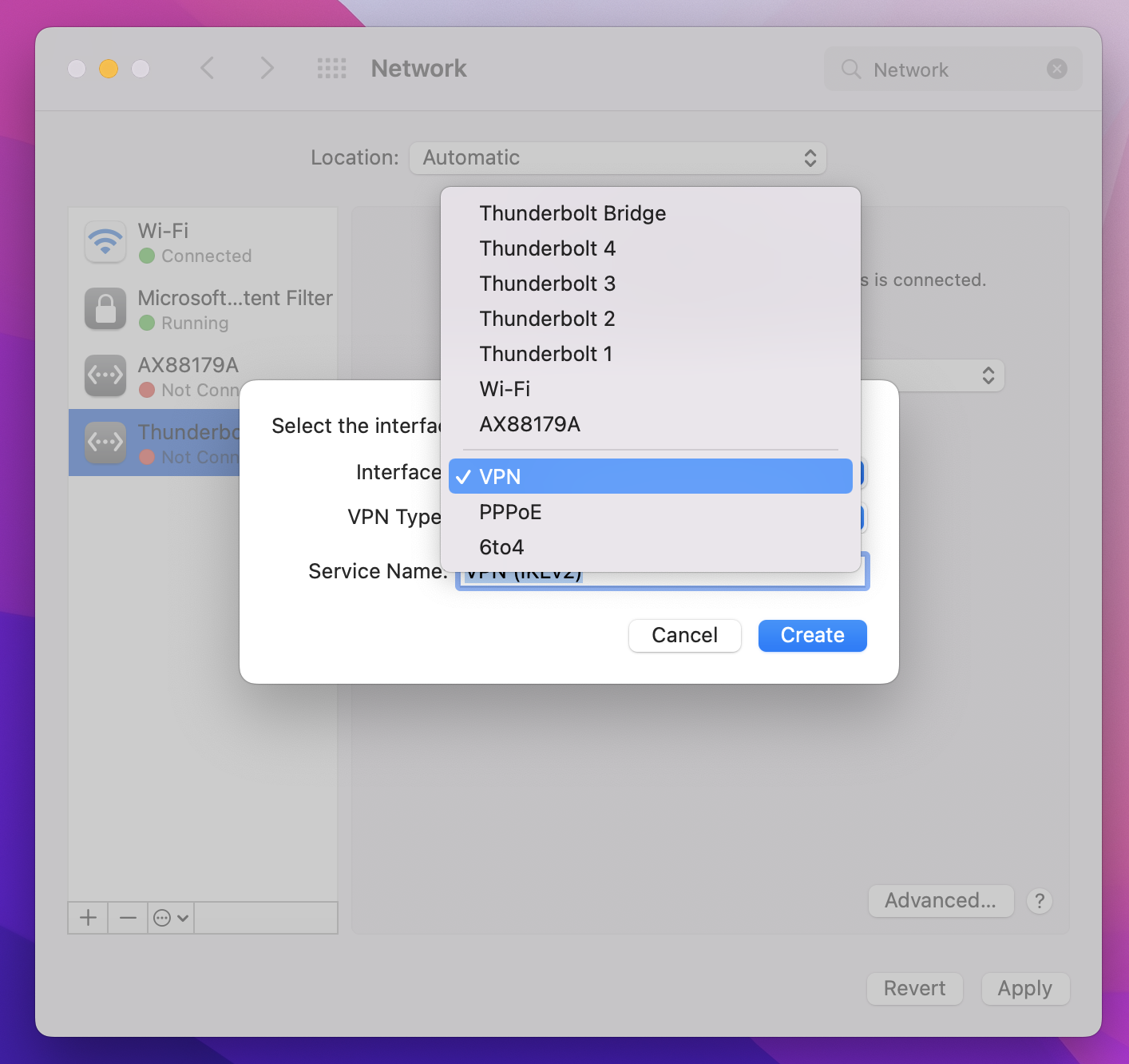 Skärmbild som visar fönstret Nätverk med alternativet att välja ett gränssnitt, VPN är valt.