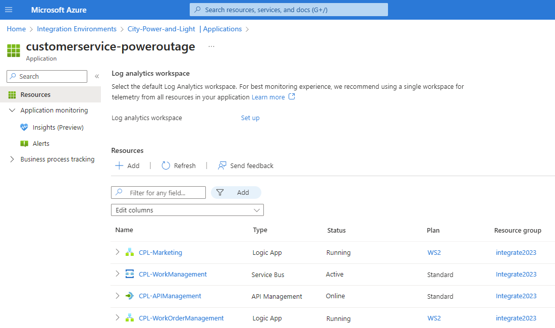 Skärmbild som visar Azure Portal, integreringsmiljöresurs och en programgrupp med Azure-resurser.