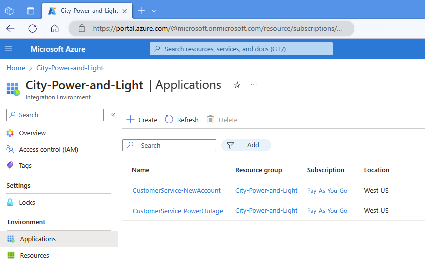 Skärmbild som visar Azure Portal, integreringsmiljöresurs och programgrupper.