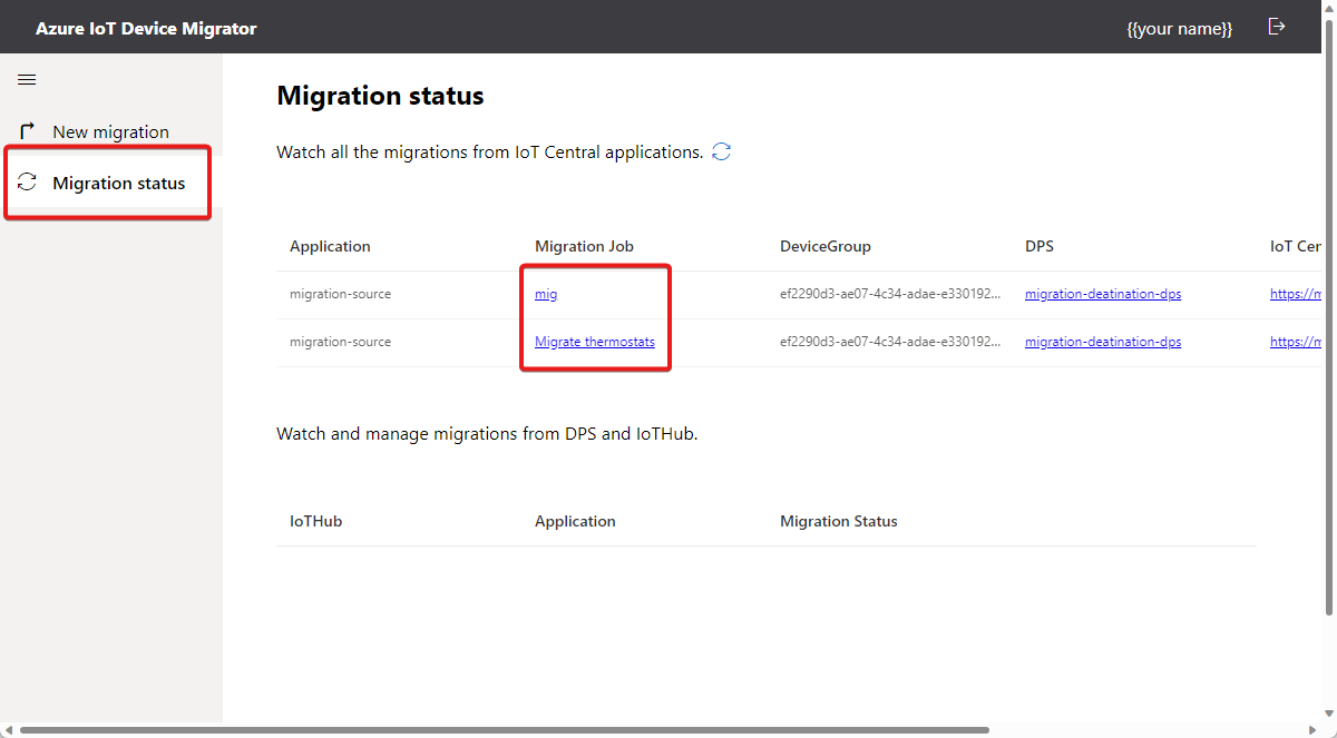 Screenshot that shows the migration status page in the tool.