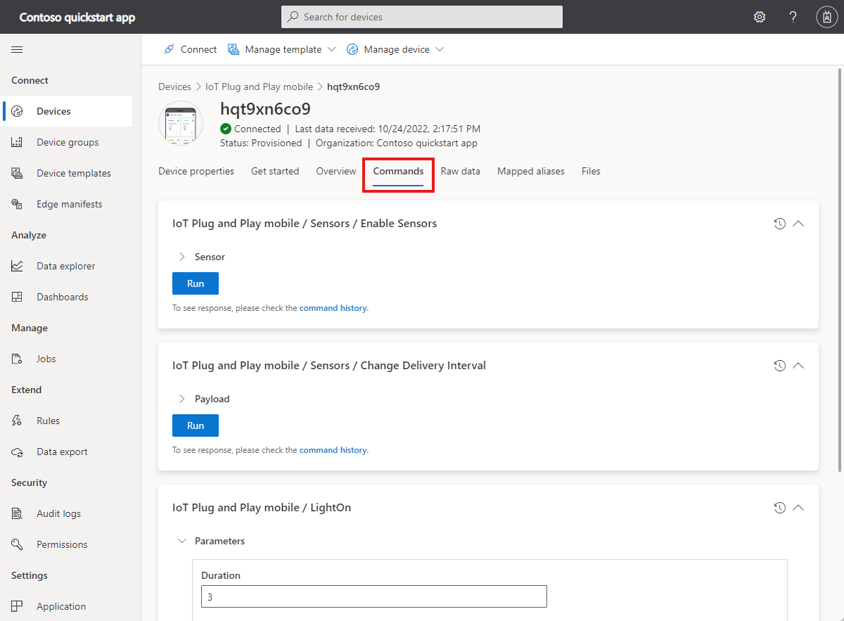 Skärmbild som visar de tre kommandon som smartphone-appen svarar på.