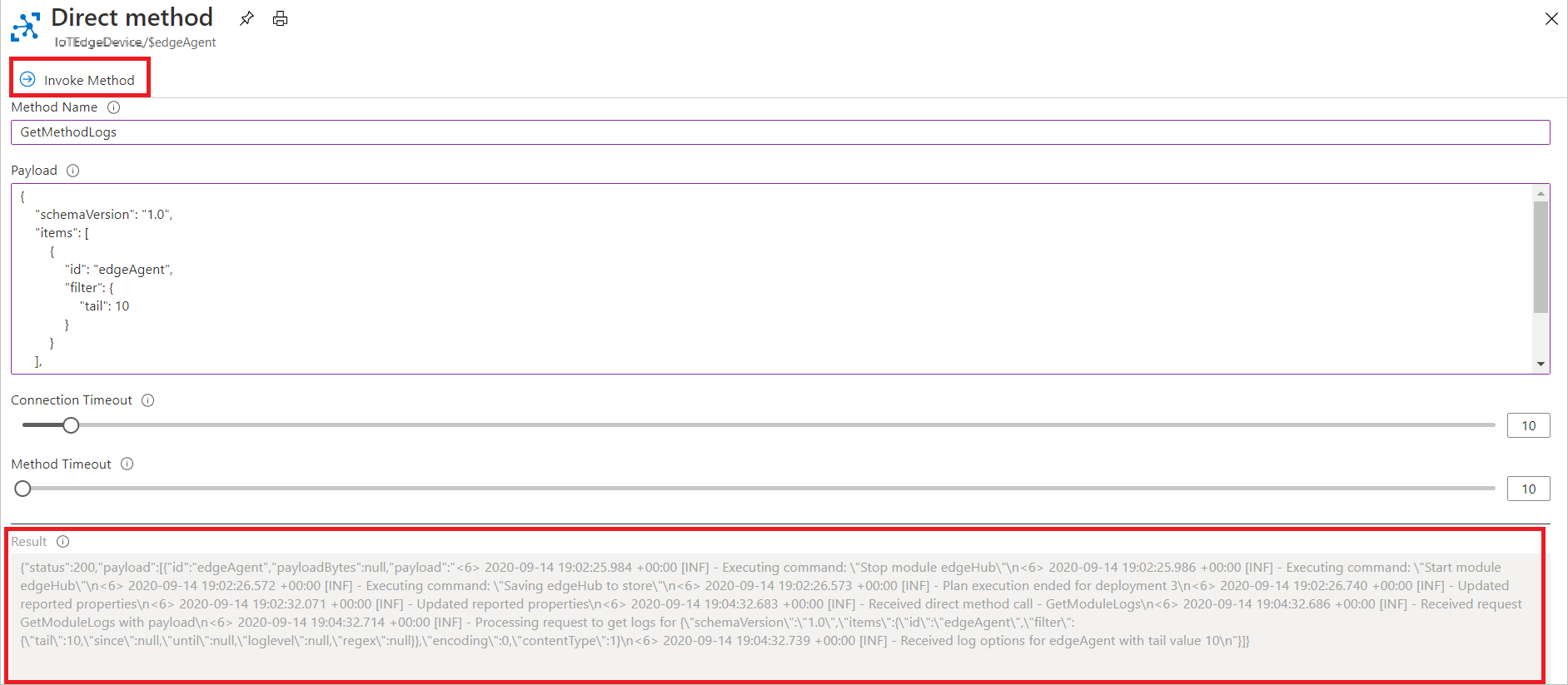 Skärmbild av hur du anropar direktmetoden GetModuleLogs i Azure-portalen.