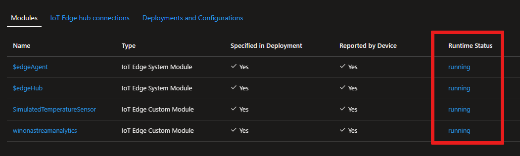Skärmbild av platsen för kolumnen Körningsstatus i Azure-portalen, sidan enhetsinformation.