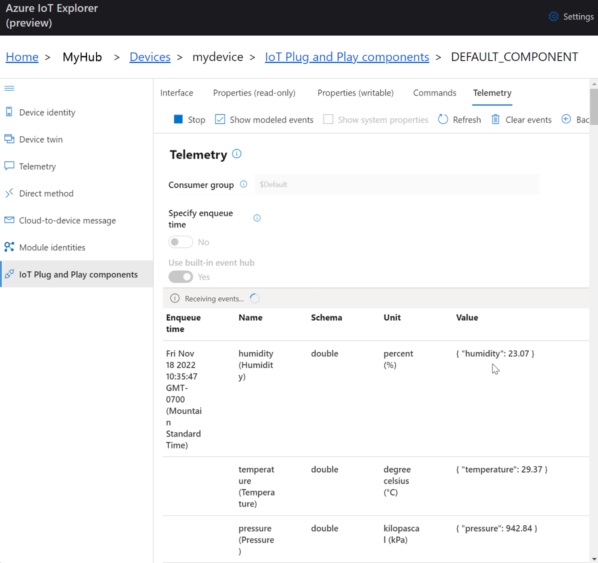 Skärmbild av modellerade telemetrihändelser i IoT Explorer.