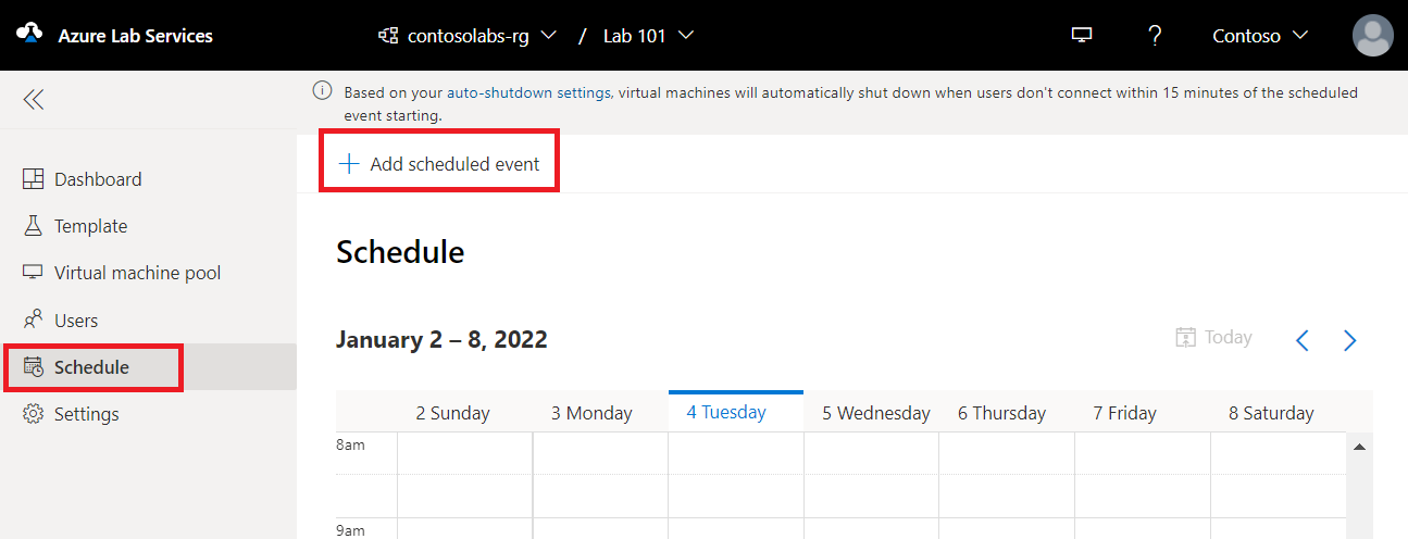 Skärmbild som visar schemaläggningssidan i Azure Lab Services med knappen Lägg till schema markerad.