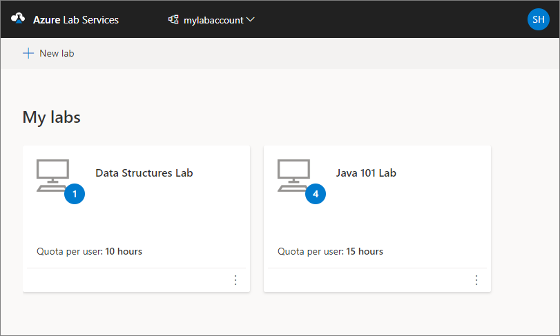 Skärmbild som visar Webbplatsen för Azure Lab Services som visar sidan Mina labb.
