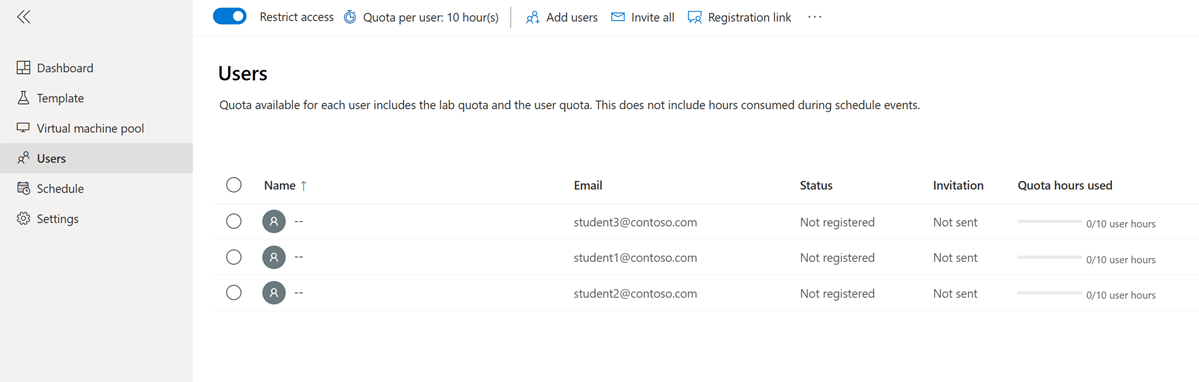 Screenshot that shows the list of added users in the Users page in the Lab Services website.