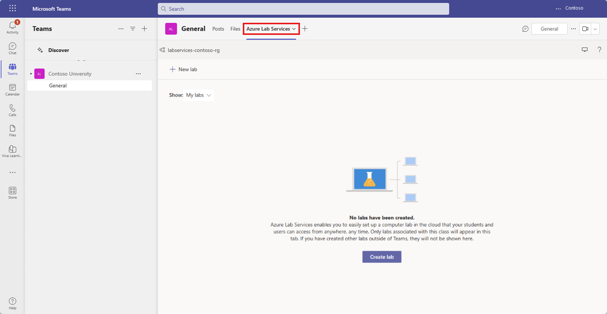 Skärmbild som visar fliken Azure Lab Services i Teams.