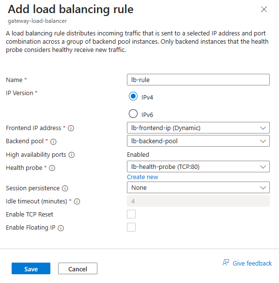 Screenshot of create load-balancing rule.