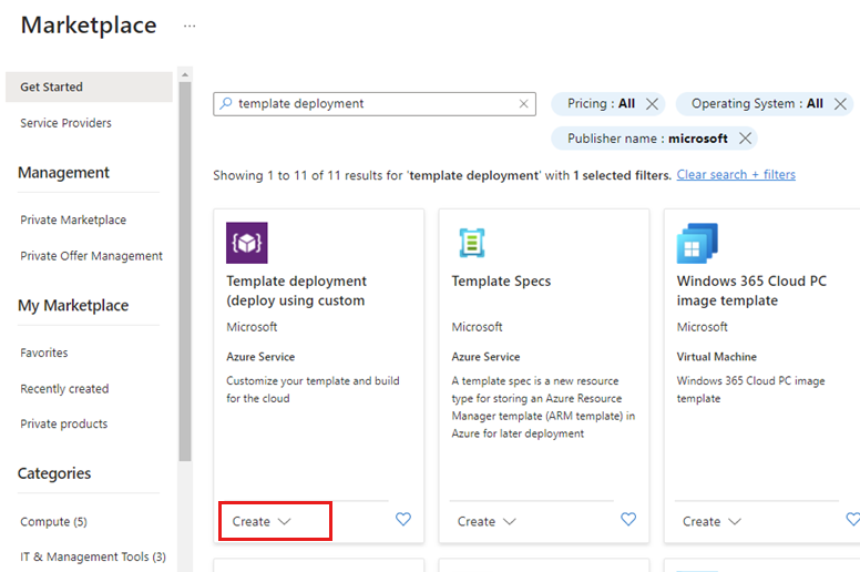 Screenshot that shows the Template deployment option in the Azure Marketplace, highlighting the Create button.