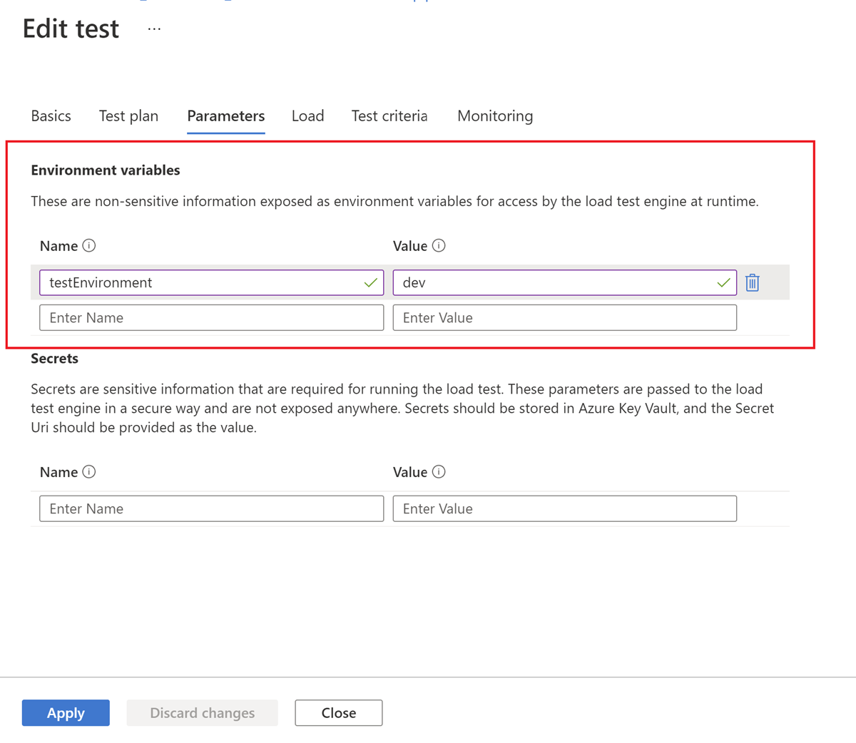 Skärmbild som visar hur du lägger till en miljövariabel i ett belastningstest i Azure-Portal.